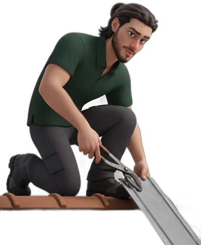 Illustration de Mathurin accroupi sur un toit, en train de plier une feuille de zinc.