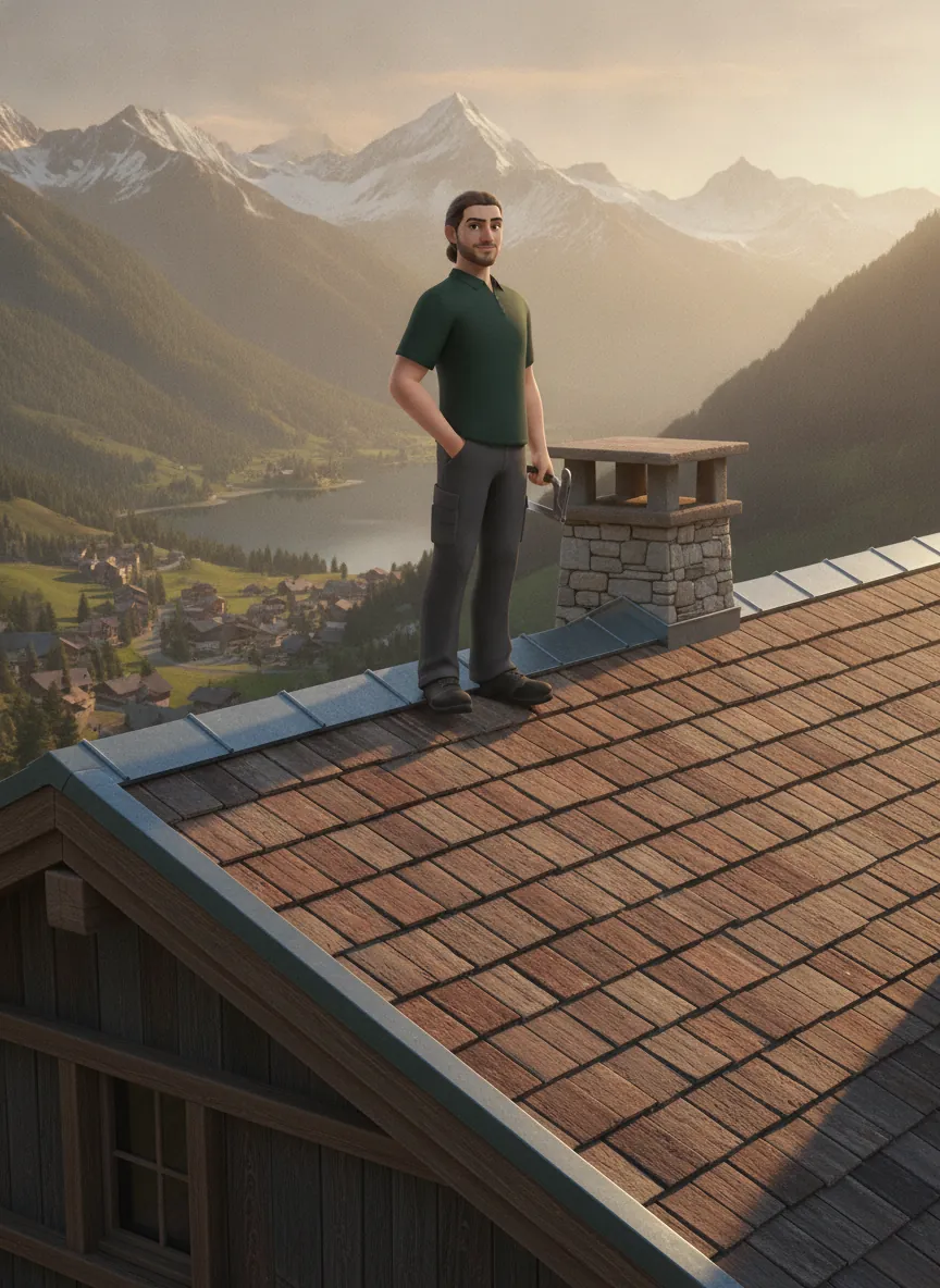 Illustration : Mathurin debout sur une toiture en zinc à joint debout, au-dessus d'un lac et des Alpes.